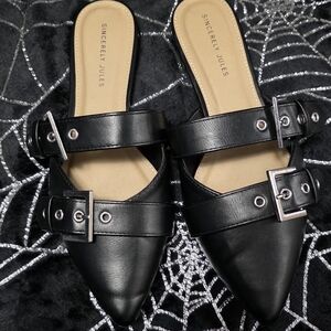 Sincerely Jules Black Buckle Grommet Faux Leather Goth Punk Mules Flats